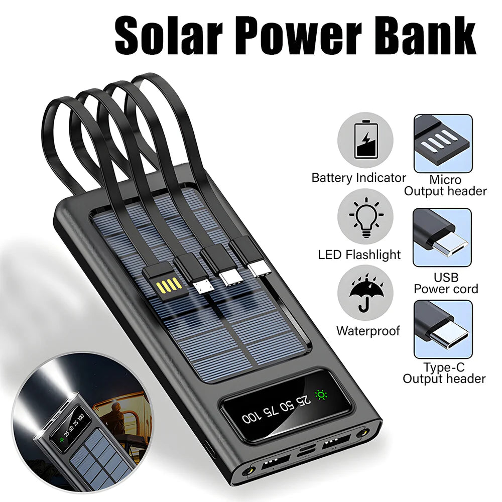 TECHPLUSEMART - 20000 mAh Solar Phone Charger 15W Power Bank with Lithium Polymer Battery (Solar-4Wire-20K)